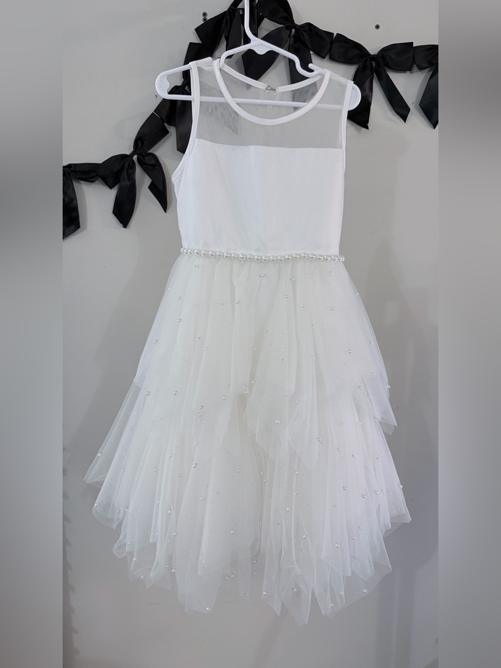 EUC American Princess Girls White Pearl-Trim Shimmer Tulle Flower Girl Dress 7